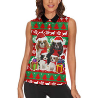 Christmas Dogs Women Sleeveless Polo Shirt with Santa Hats and Red Green Holiday Pattern - Wonder Print Shop