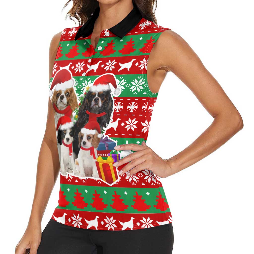 Christmas Dogs Women Sleeveless Polo Shirt with Santa Hats and Red Green Holiday Pattern - Wonder Print Shop