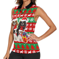 Christmas Dogs Women Sleeveless Polo Shirt with Santa Hats and Red Green Holiday Pattern - Wonder Print Shop