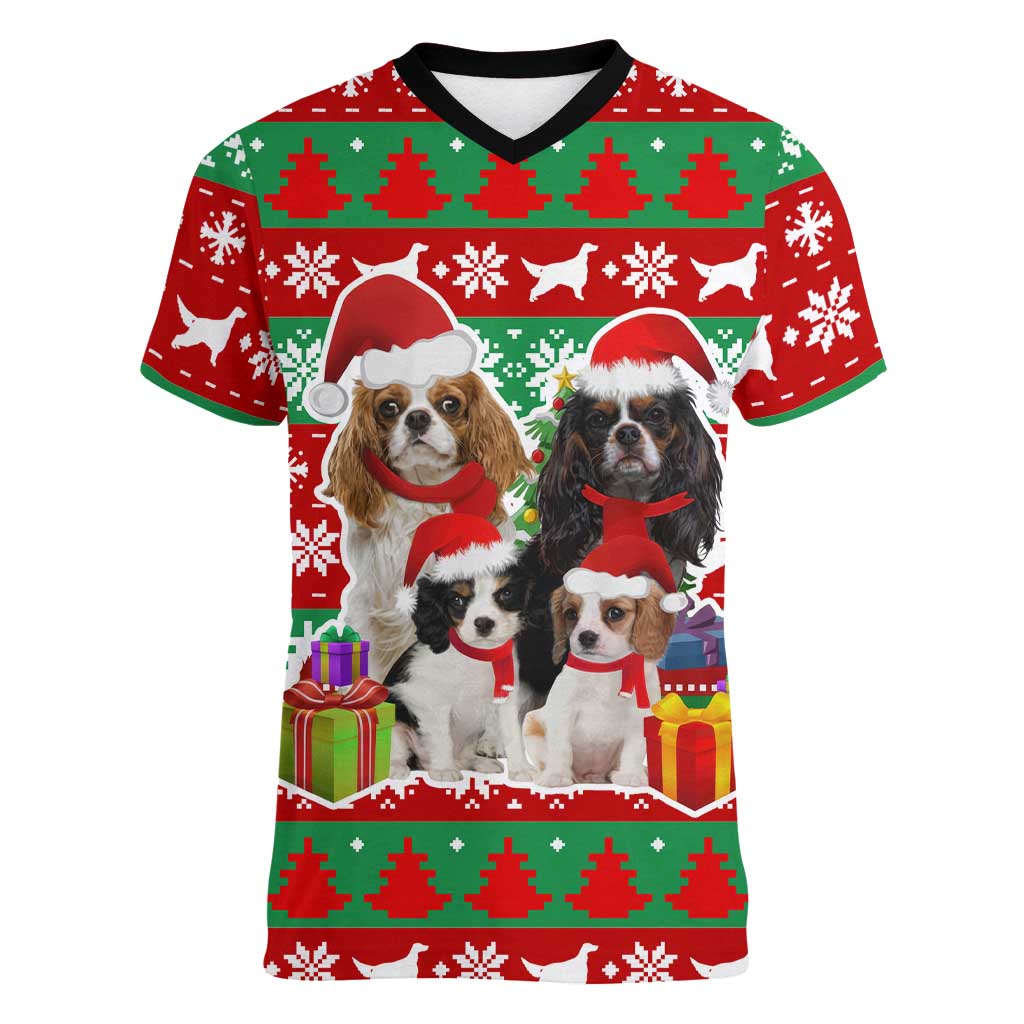 Christmas Dogs Women V-Neck T-Shirt with Santa Hats and Red Green Holiday Pattern - Wonder Print Shop