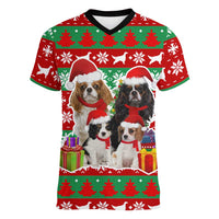 Christmas Dogs Women V-Neck T-Shirt with Santa Hats and Red Green Holiday Pattern - Wonder Print Shop