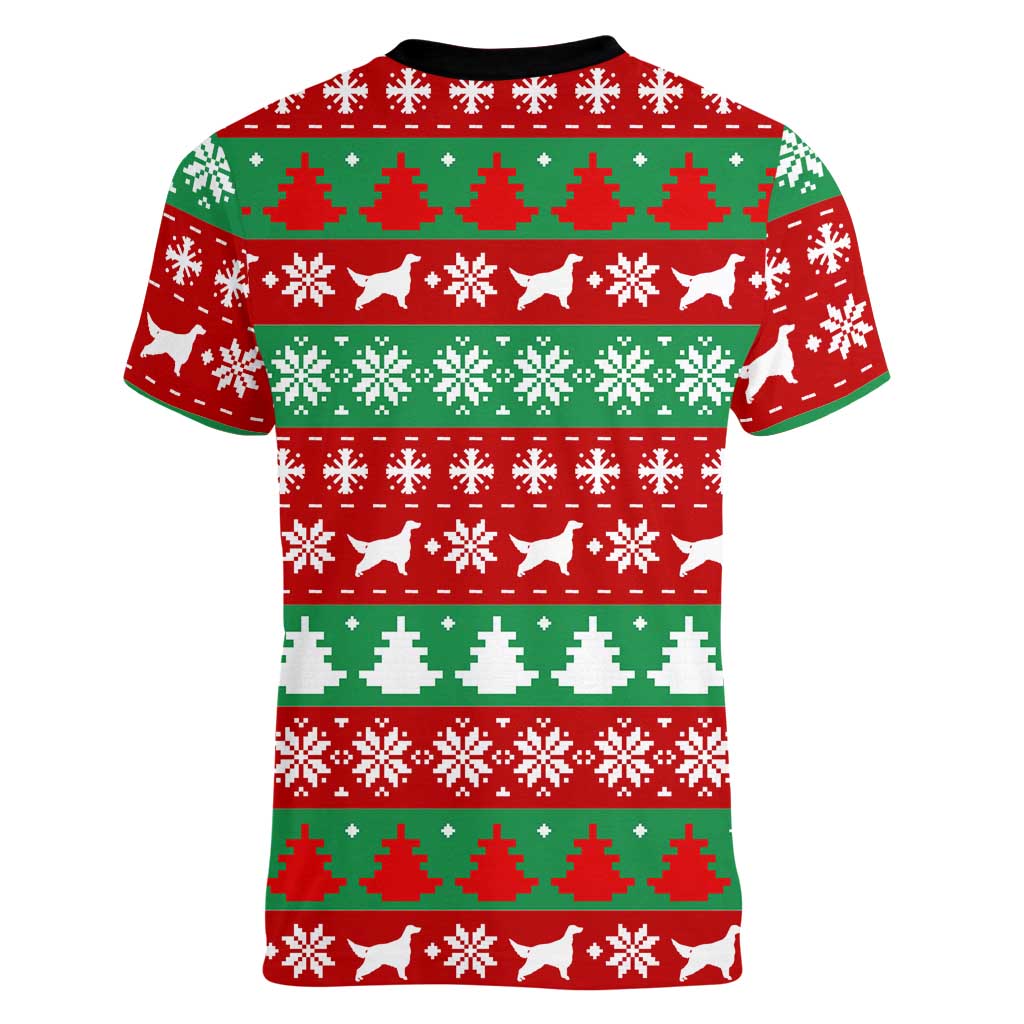 Christmas Dogs Women V-Neck T-Shirt with Santa Hats and Red Green Holiday Pattern - Wonder Print Shop