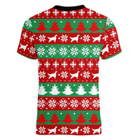 Christmas Dogs Women V-Neck T-Shirt with Santa Hats and Red Green Holiday Pattern - Wonder Print Shop