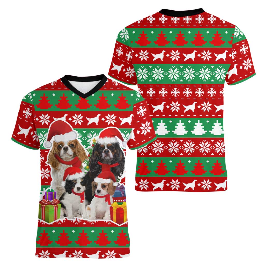 Christmas Dogs Women V-Neck T-Shirt with Santa Hats and Red Green Holiday Pattern - Wonder Print Shop