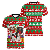 Christmas Dogs Women V-Neck T-Shirt with Santa Hats and Red Green Holiday Pattern - Wonder Print Shop
