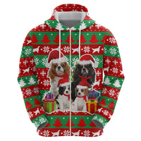 Christmas Dogs Zip Hoodie with Santa Hats and Red Green Holiday Pattern - Wonder Print Shop