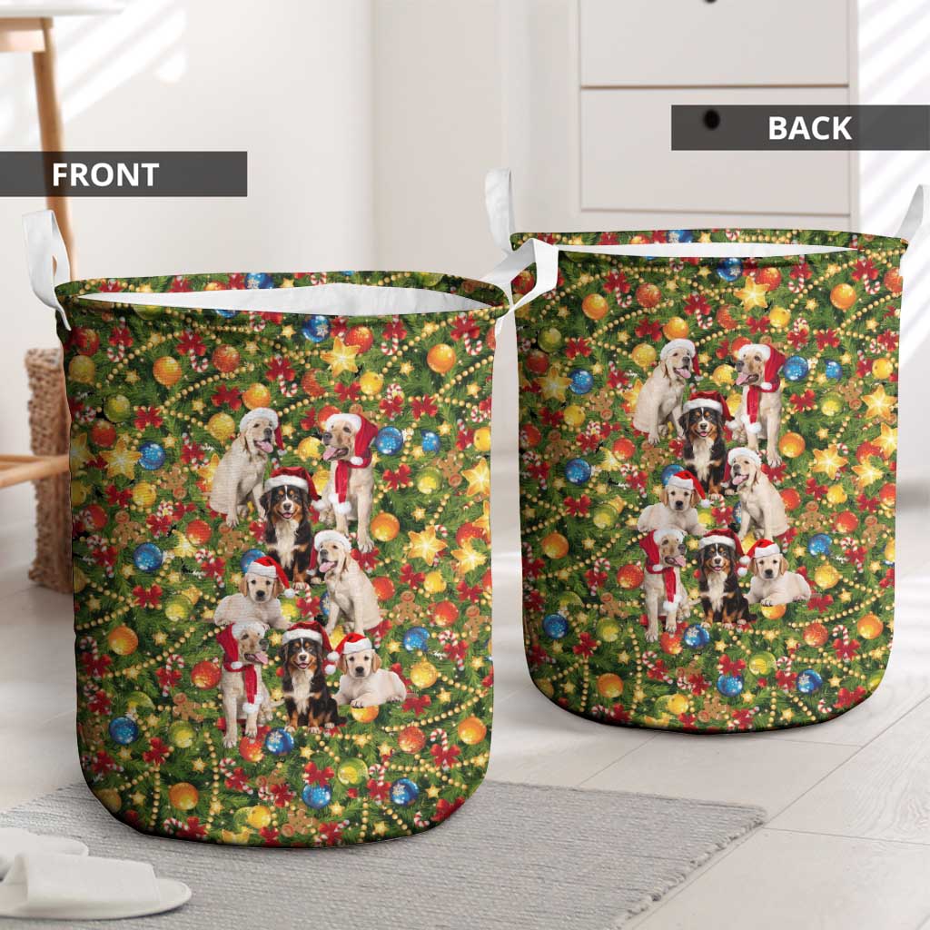 Christmas Dogs Laundry Basket with Santa Hats and Festive Ornament Pattern - Wonder Print Shop