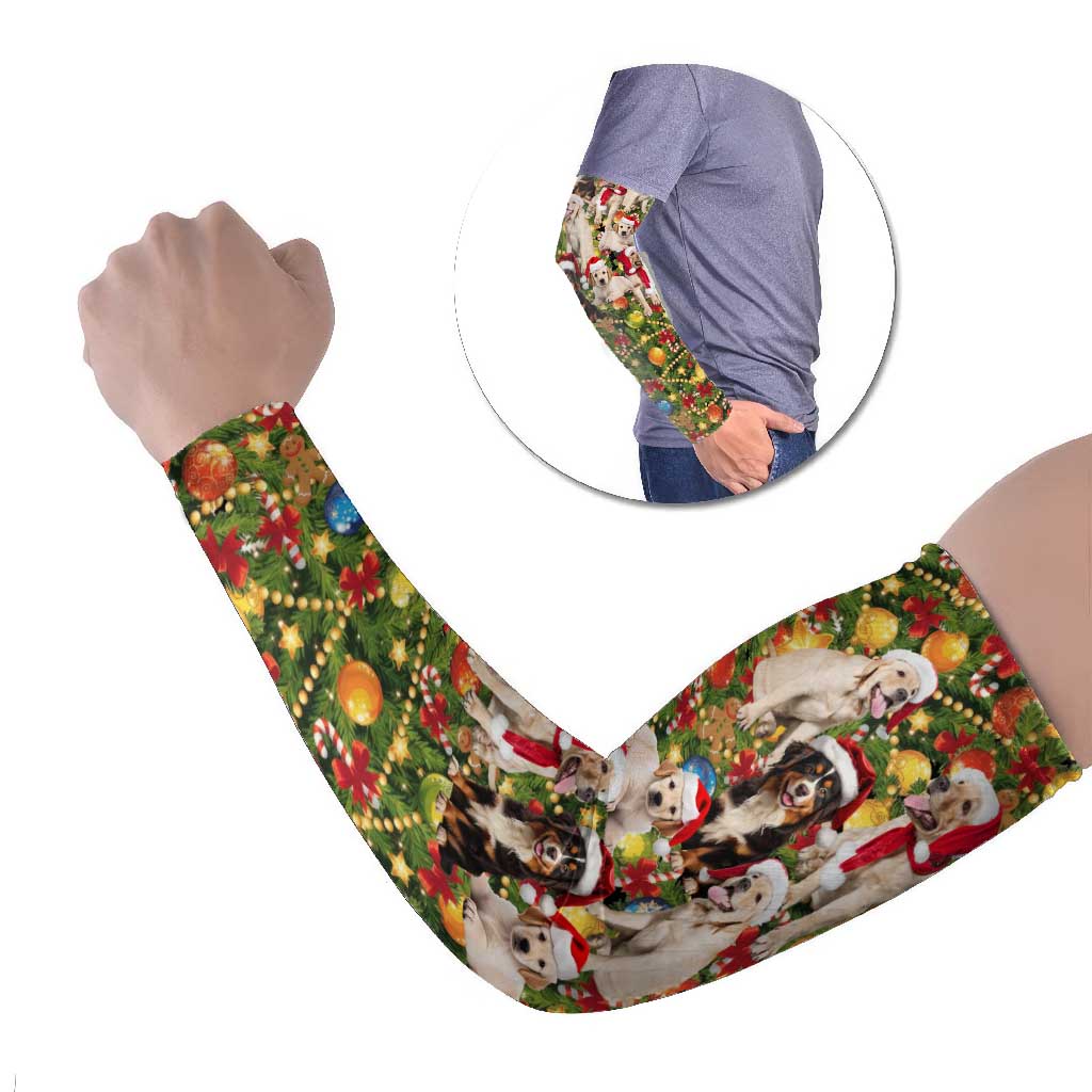 Christmas Dogs Arm Sleeves with Santa Hats and Festive Ornament Pattern - Wonder Print Shop