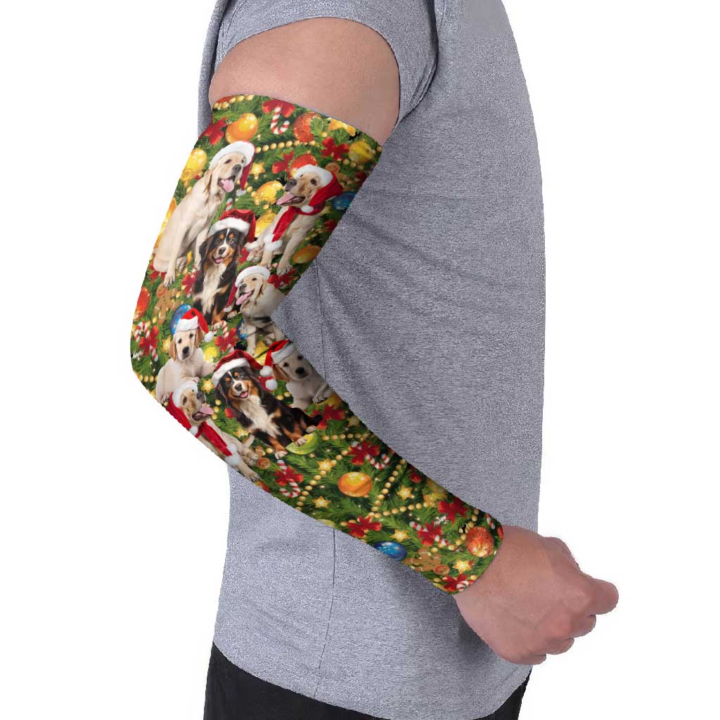 Christmas Dogs Arm Sleeves with Santa Hats and Festive Ornament Pattern - Wonder Print Shop