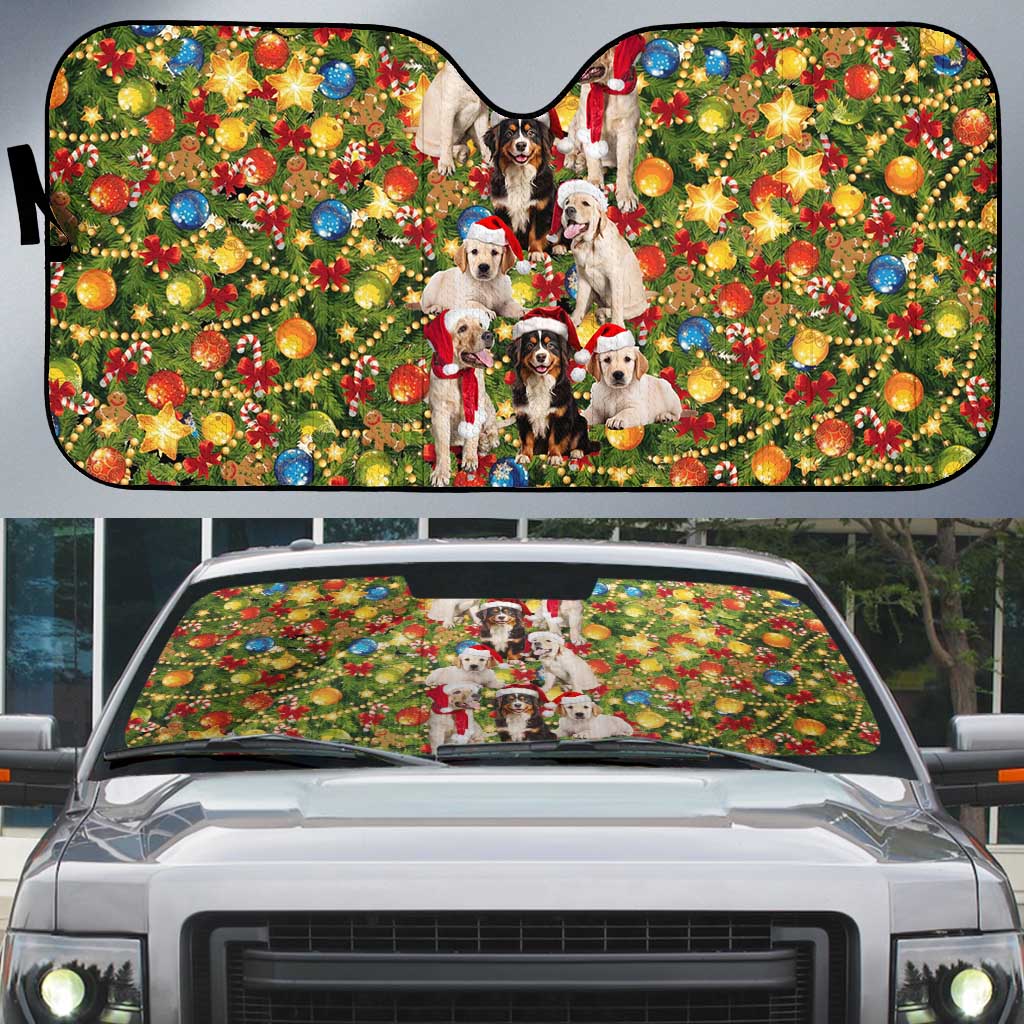 Christmas Dogs Auto Sun Shade with Santa Hats and Festive Ornament Pattern - Wonder Print Shop