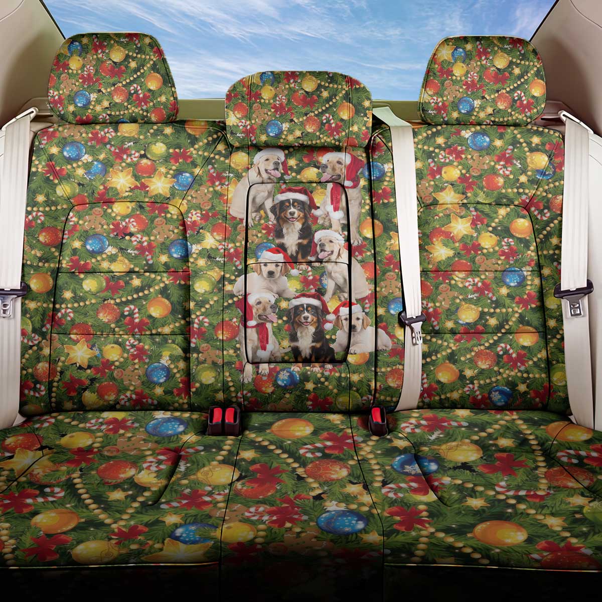 Christmas Dogs Back Car Seat Cover with Santa Hats and Festive Ornament Pattern - Wonder Print Shop