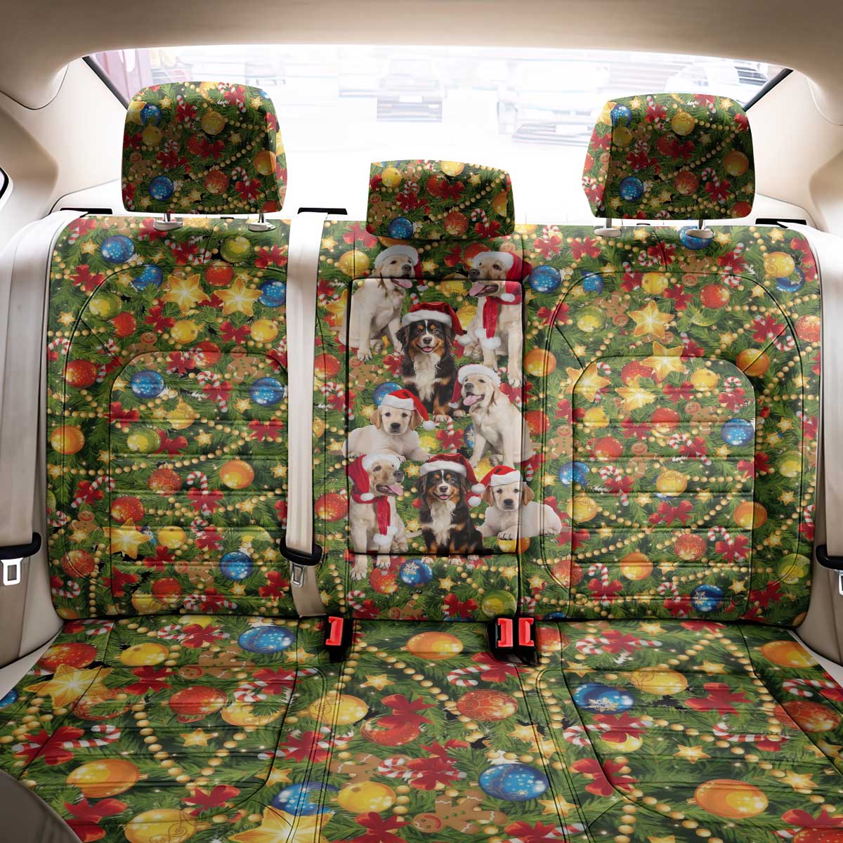 Christmas Dogs Back Car Seat Cover with Santa Hats and Festive Ornament Pattern - Wonder Print Shop