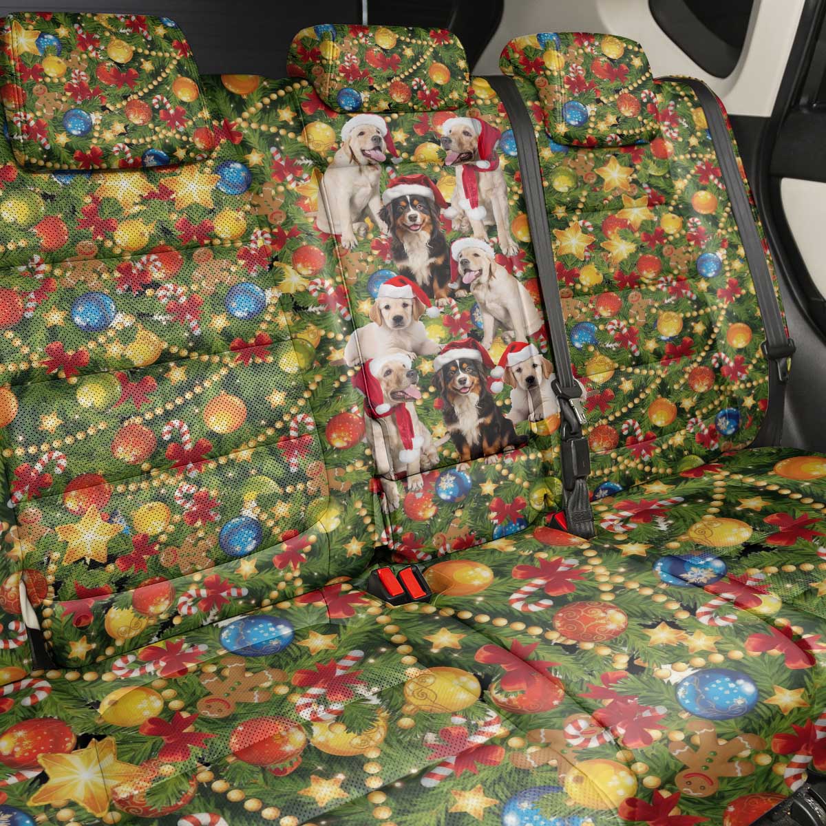 Christmas Dogs Back Car Seat Cover with Santa Hats and Festive Ornament Pattern - Wonder Print Shop