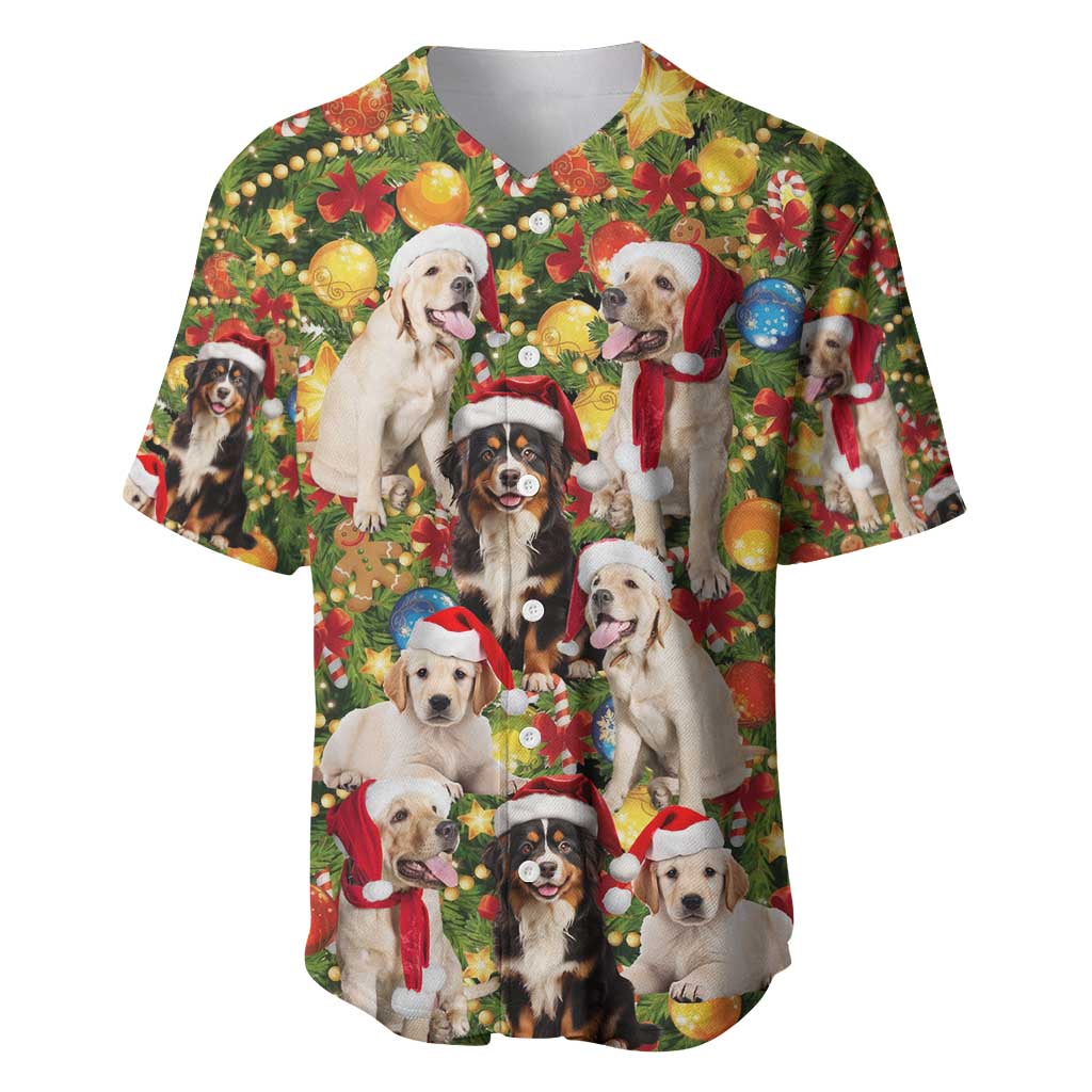 Christmas Dogs Baseball Jersey with Santa Hats and Festive Ornament Pattern - Wonder Print Shop
