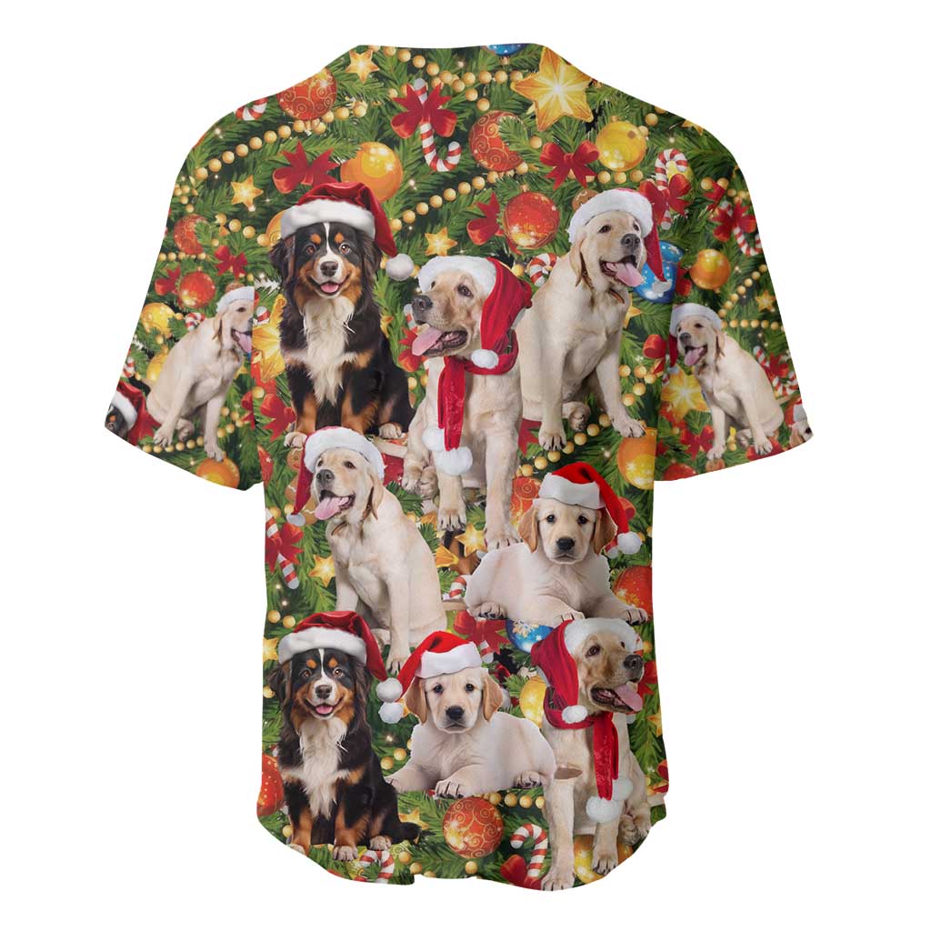 Christmas Dogs Baseball Jersey with Santa Hats and Festive Ornament Pattern - Wonder Print Shop
