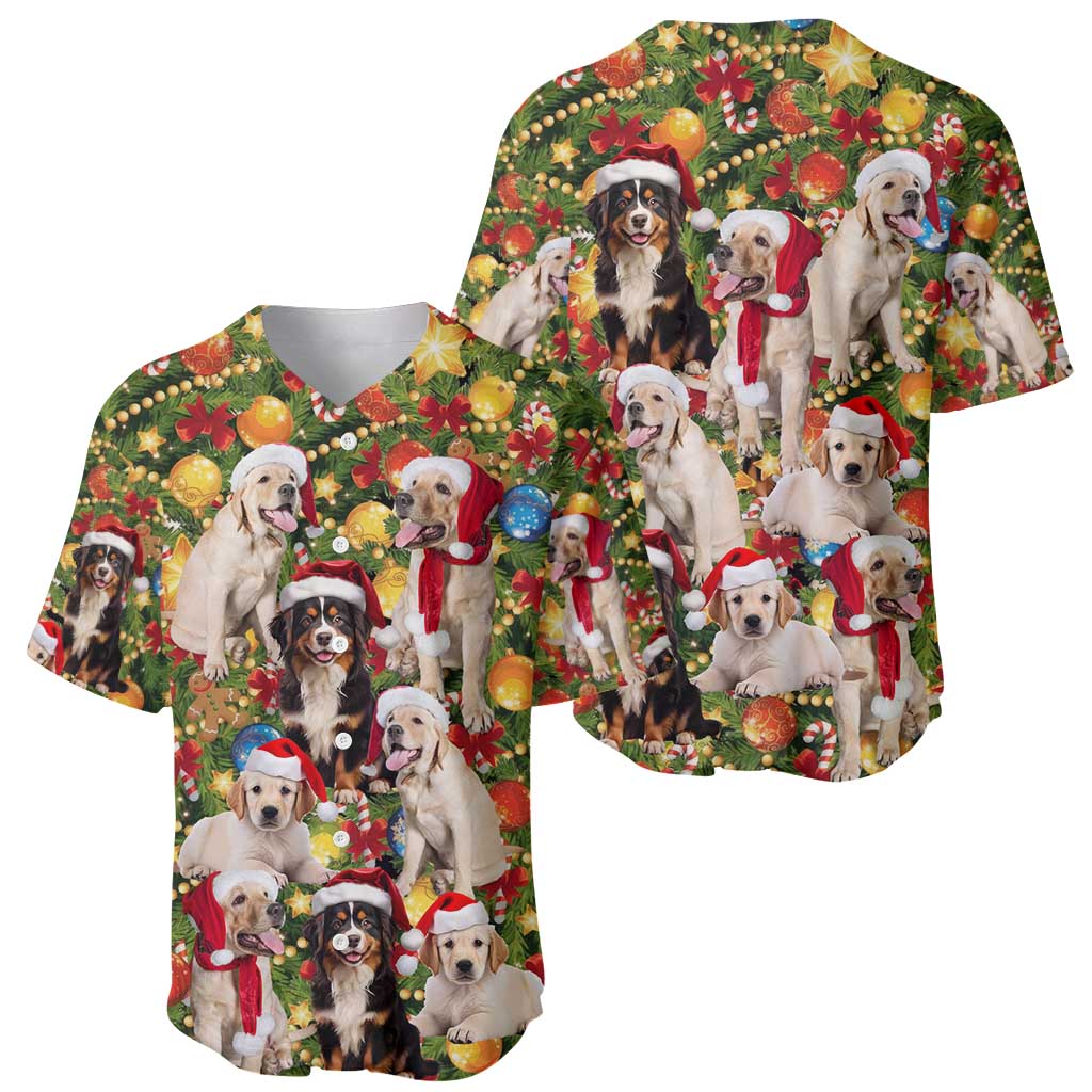 Christmas Dogs Baseball Jersey with Santa Hats and Festive Ornament Pattern - Wonder Print Shop