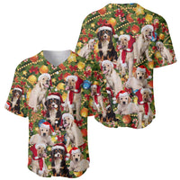Christmas Dogs Baseball Jersey with Santa Hats and Festive Ornament Pattern - Wonder Print Shop