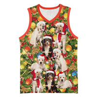 Christmas Dogs Basketball Jersey with Santa Hats and Festive Ornament Pattern - Wonder Print Shop