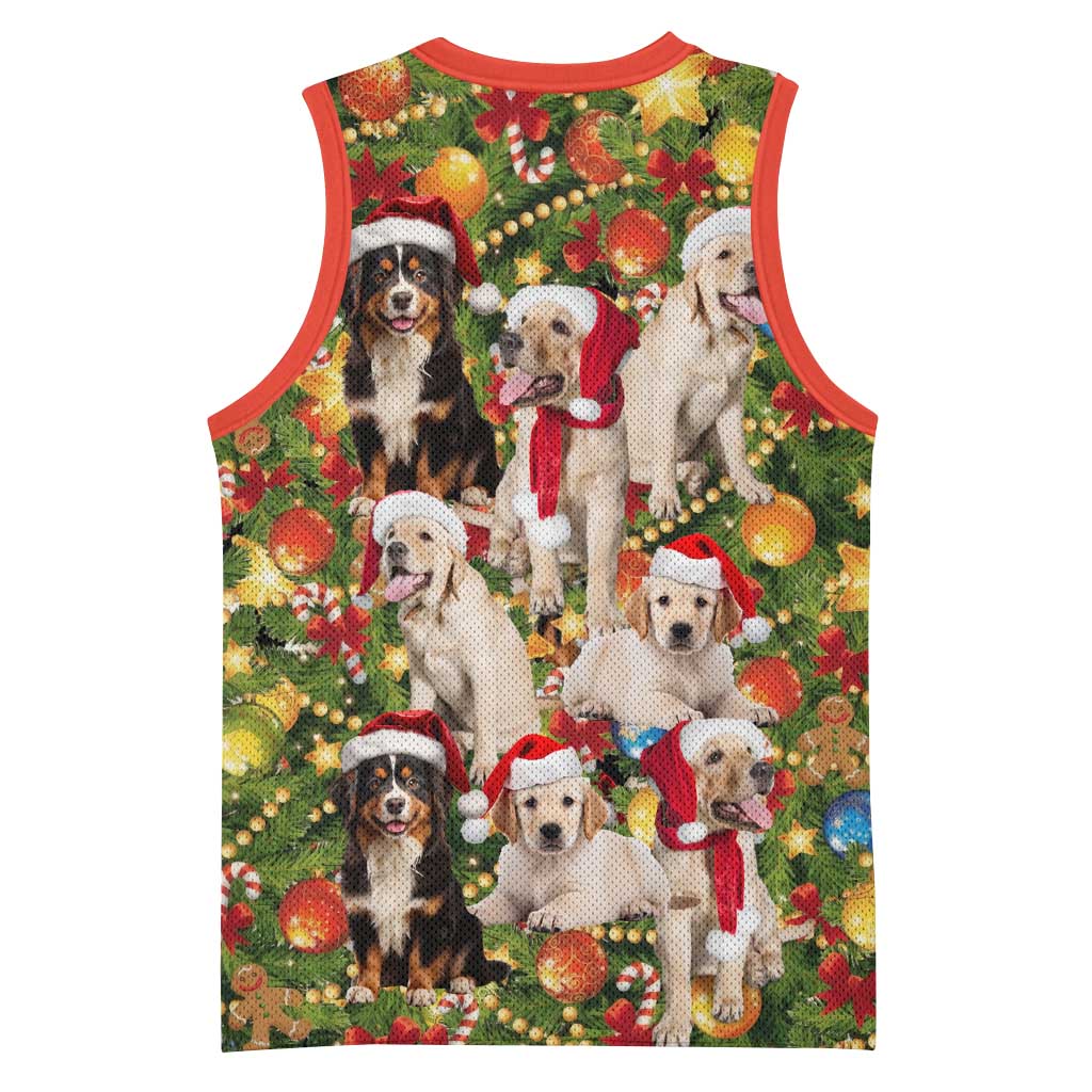 Christmas Dogs Basketball Jersey with Santa Hats and Festive Ornament Pattern - Wonder Print Shop