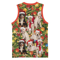 Christmas Dogs Basketball Jersey with Santa Hats and Festive Ornament Pattern - Wonder Print Shop
