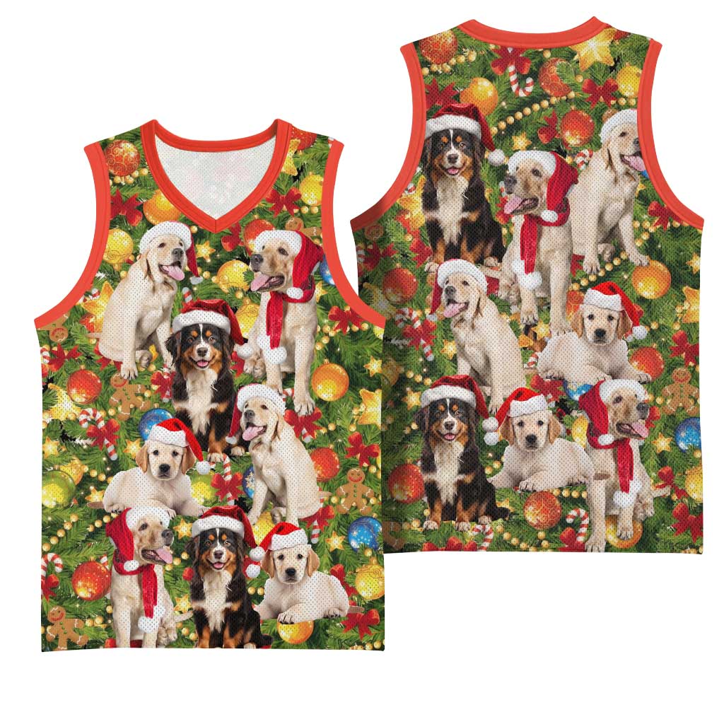 Christmas Dogs Basketball Jersey with Santa Hats and Festive Ornament Pattern - Wonder Print Shop