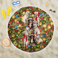Christmas Dogs Beach Blanket with Santa Hats and Festive Ornament Pattern - Wonder Print Shop