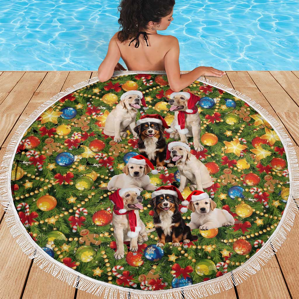 Christmas Dogs Beach Blanket with Santa Hats and Festive Ornament Pattern - Wonder Print Shop