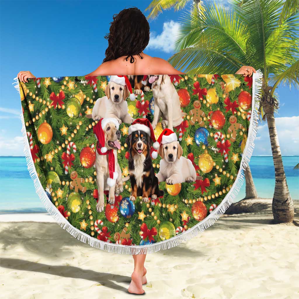 Christmas Dogs Beach Blanket with Santa Hats and Festive Ornament Pattern - Wonder Print Shop