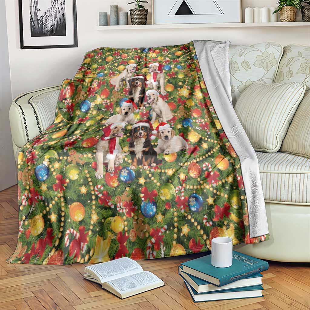 Christmas Dogs Blanket with Santa Hats and Festive Ornament Pattern - Wonder Print Shop