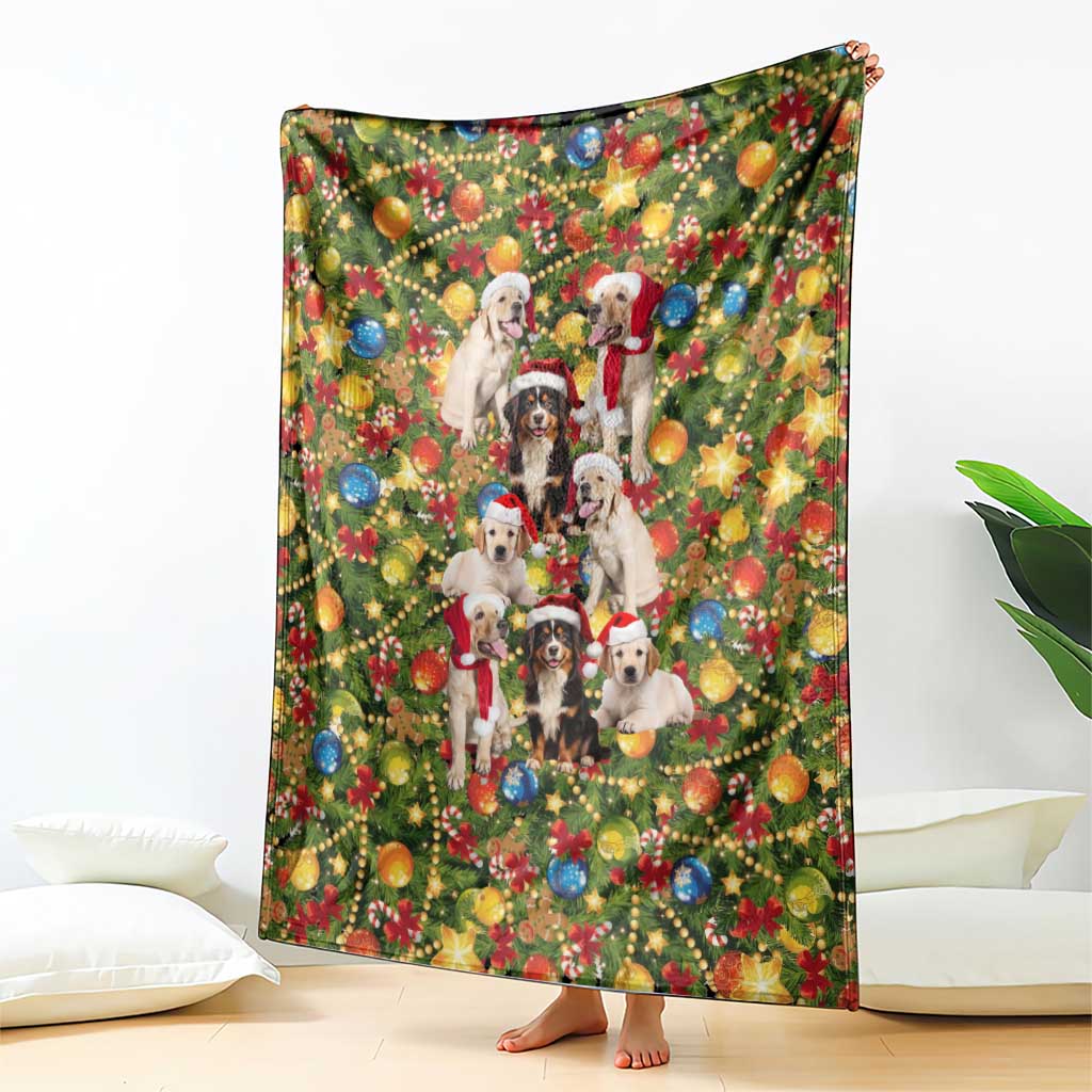 Christmas Dogs Blanket with Santa Hats and Festive Ornament Pattern - Wonder Print Shop