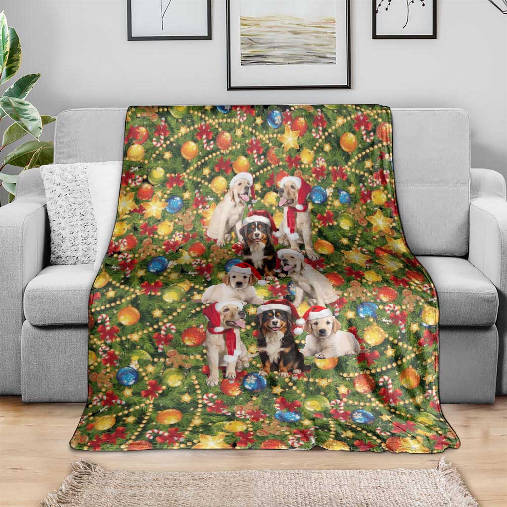 Christmas Dogs Blanket with Santa Hats and Festive Ornament Pattern - Wonder Print Shop