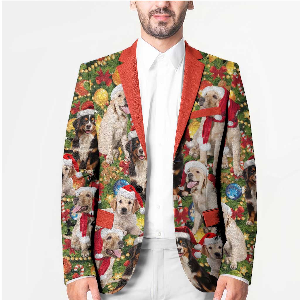 Christmas Dogs Blazer with Santa Hats and Festive Ornament Pattern - Wonder Print Shop