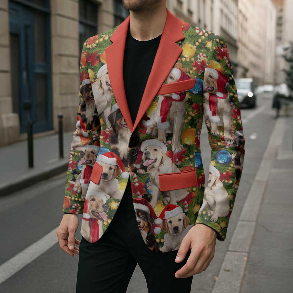 Christmas Dogs Blazer with Santa Hats and Festive Ornament Pattern - Wonder Print Shop