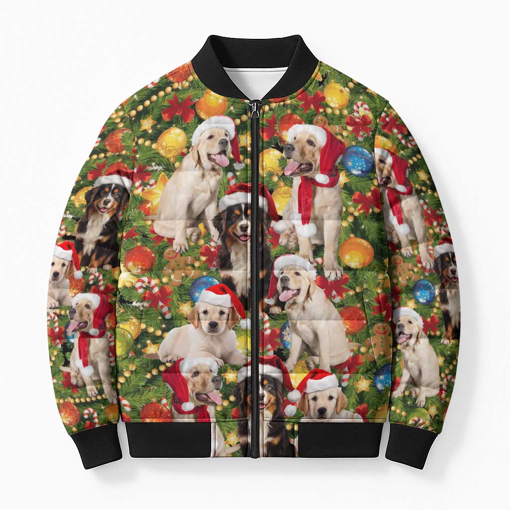 Christmas Dogs Bomber Puffer Jacket with Santa Hats and Festive Ornament Pattern - Wonder Print Shop