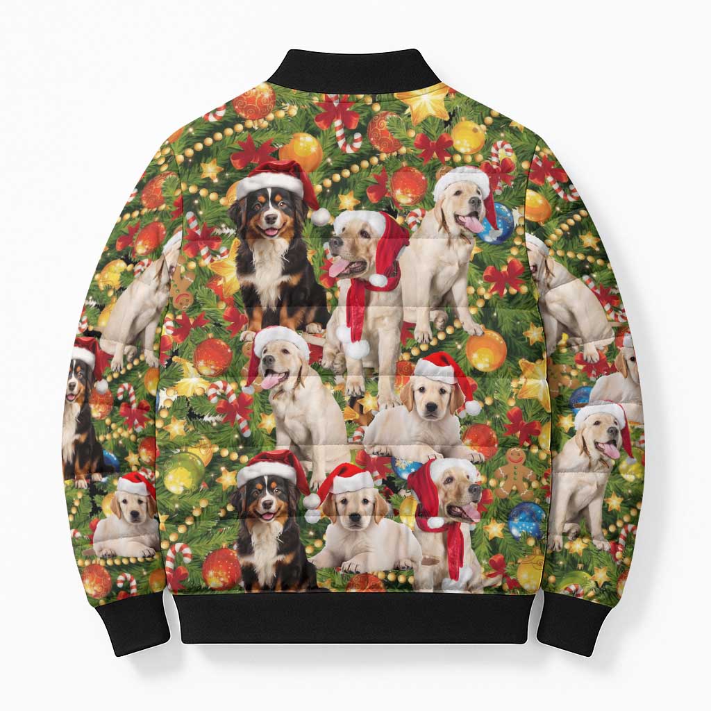 Christmas Dogs Bomber Puffer Jacket with Santa Hats and Festive Ornament Pattern - Wonder Print Shop
