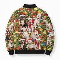 Christmas Dogs Bomber Puffer Jacket with Santa Hats and Festive Ornament Pattern - Wonder Print Shop