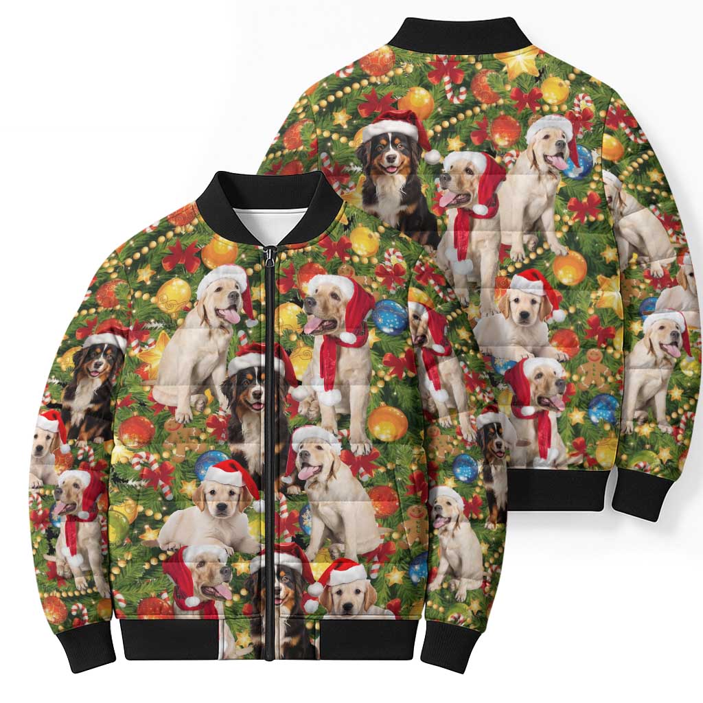 Christmas Dogs Bomber Puffer Jacket with Santa Hats and Festive Ornament Pattern - Wonder Print Shop