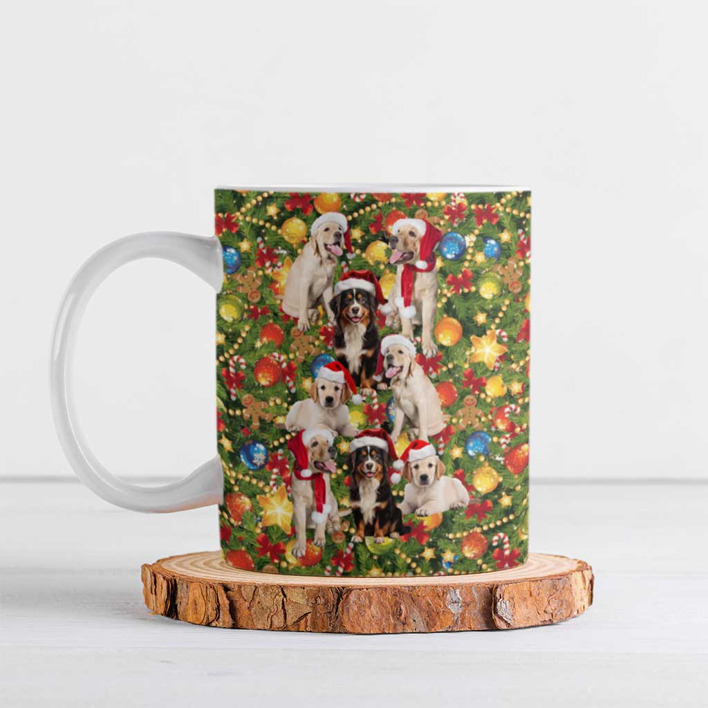 Christmas Dogs Ceramic Mug with Santa Hats and Festive Ornament Pattern - Wonder Print Shop