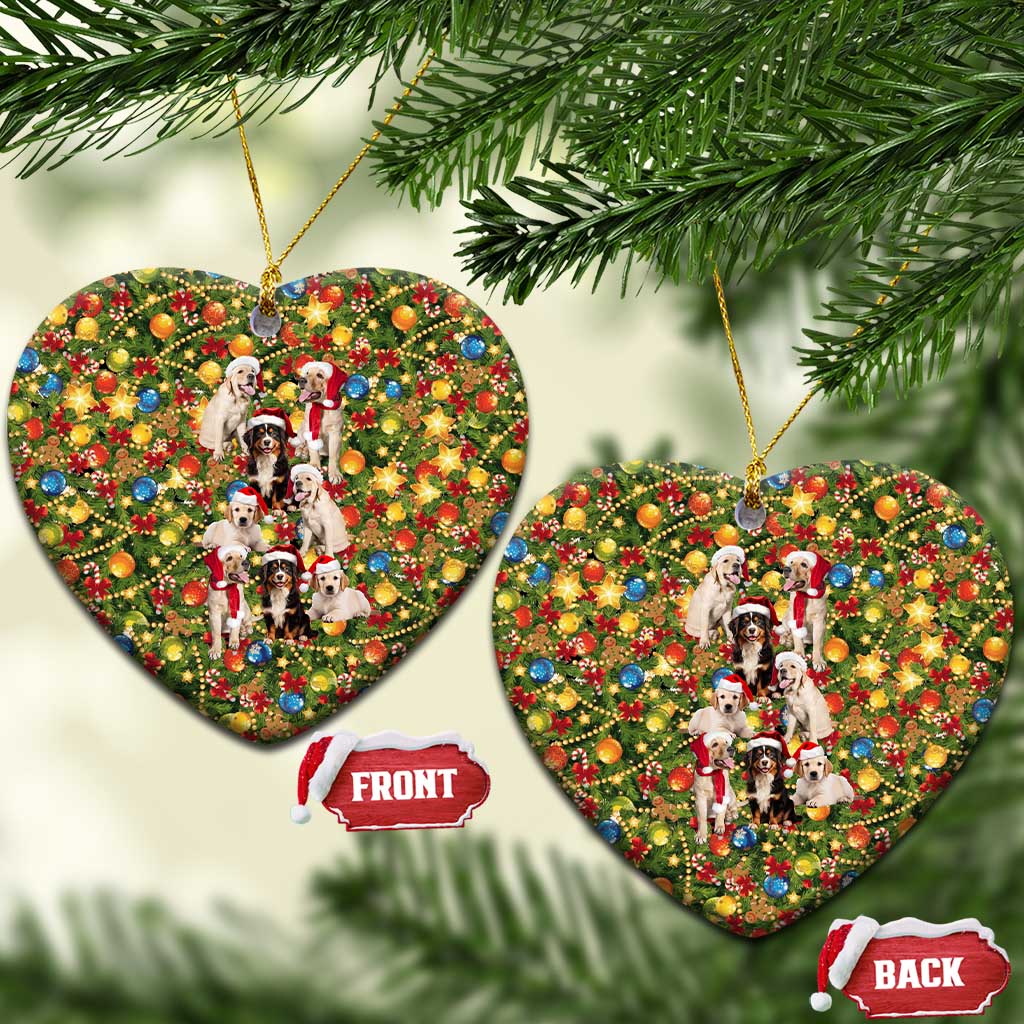 Christmas Dogs Ceramic Ornament with Santa Hats and Festive Ornament Pattern - Wonder Print Shop