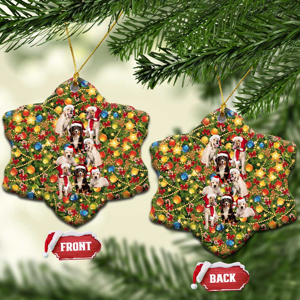 Christmas Dogs Ceramic Ornament with Santa Hats and Festive Ornament Pattern - Wonder Print Shop