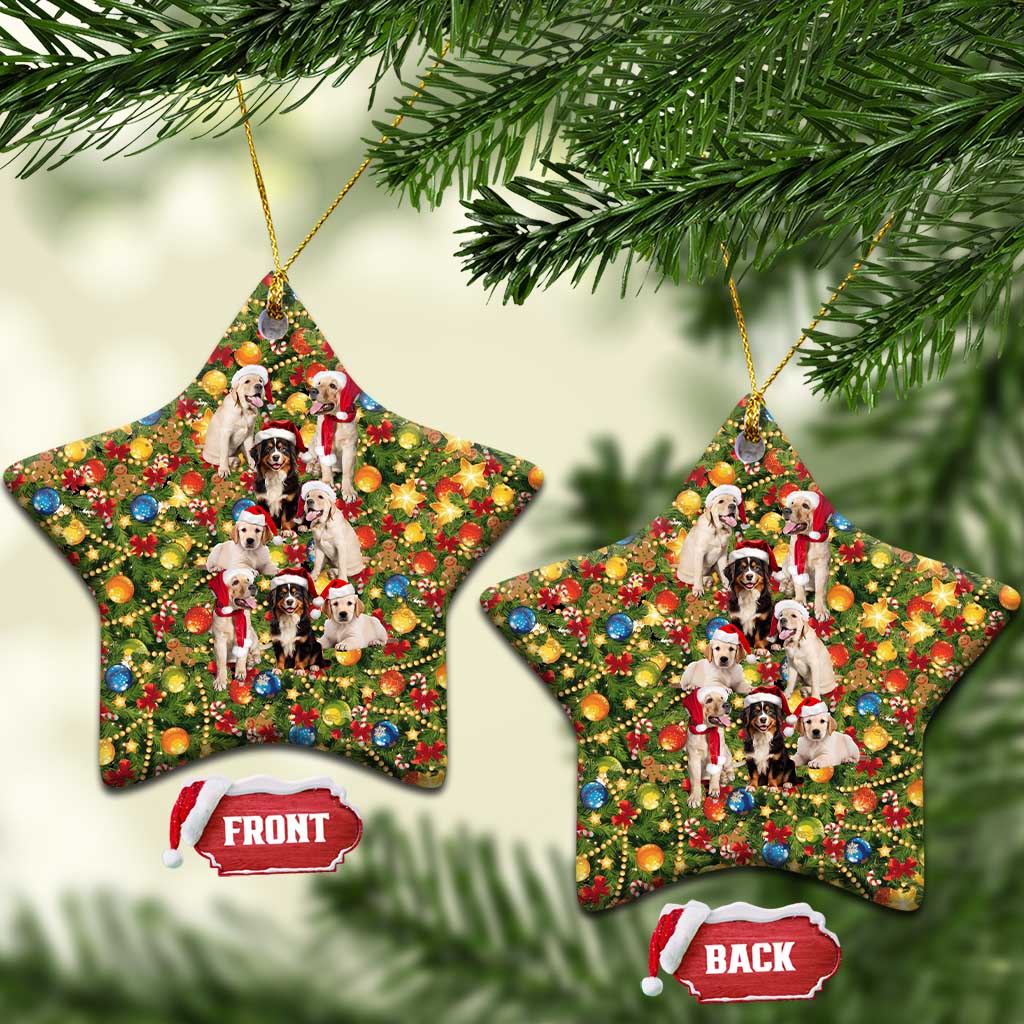 Christmas Dogs Ceramic Ornament with Santa Hats and Festive Ornament Pattern - Wonder Print Shop
