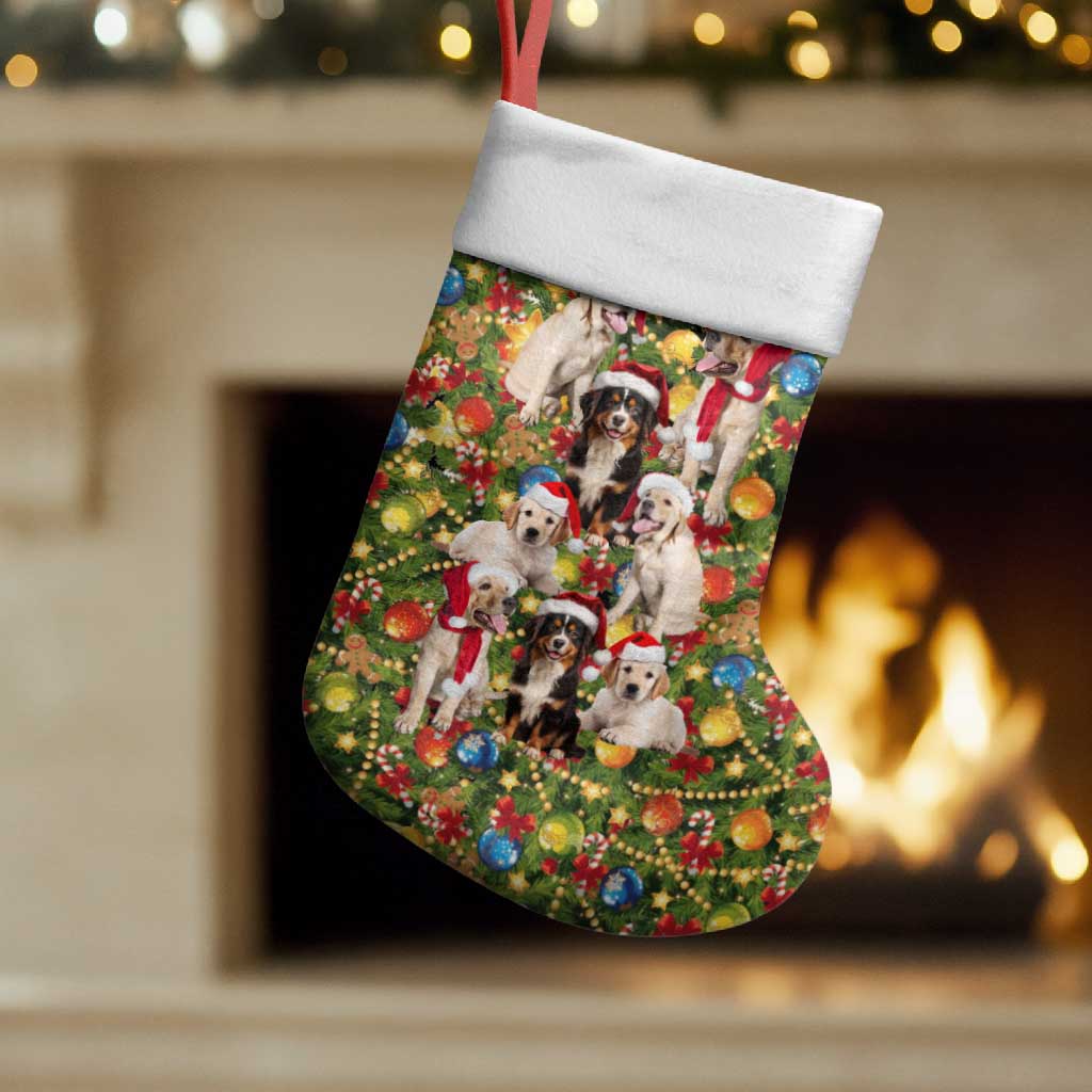 Christmas Dogs Christmas Stocking with Santa Hats and Festive Ornament Pattern - Wonder Print Shop