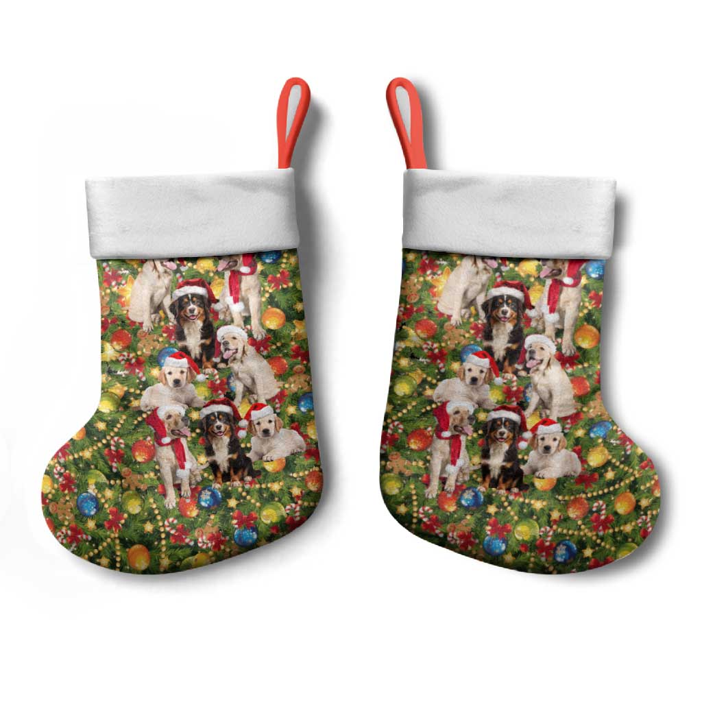 Christmas Dogs Christmas Stocking with Santa Hats and Festive Ornament Pattern - Wonder Print Shop