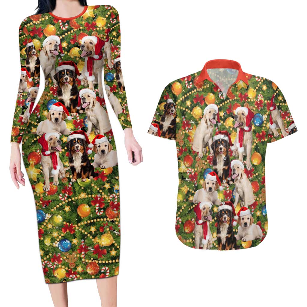 Christmas Dogs Couples Matching Long Sleeve Bodycon Dress and Hawaiian Shirt with Santa Hats and Festive Ornament Pattern - Wonder Print Shop