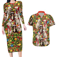 Christmas Dogs Couples Matching Long Sleeve Bodycon Dress and Hawaiian Shirt with Santa Hats and Festive Ornament Pattern - Wonder Print Shop