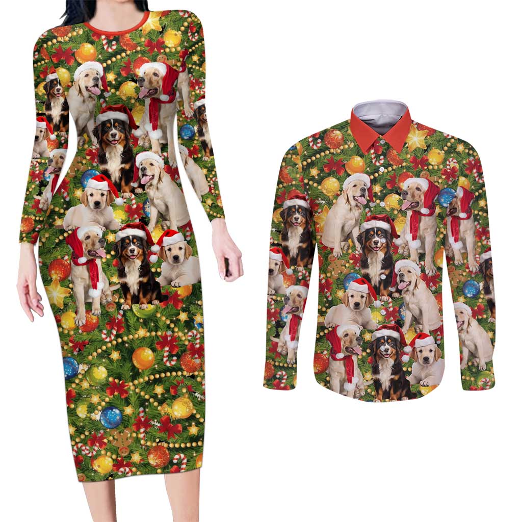Christmas Dogs Couples Matching Long Sleeve Bodycon Dress and Long Sleeve Button Shirt with Santa Hats and Festive Ornament Pattern - Wonder Print Shop