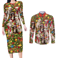 Christmas Dogs Couples Matching Long Sleeve Bodycon Dress and Long Sleeve Button Shirt with Santa Hats and Festive Ornament Pattern - Wonder Print Shop