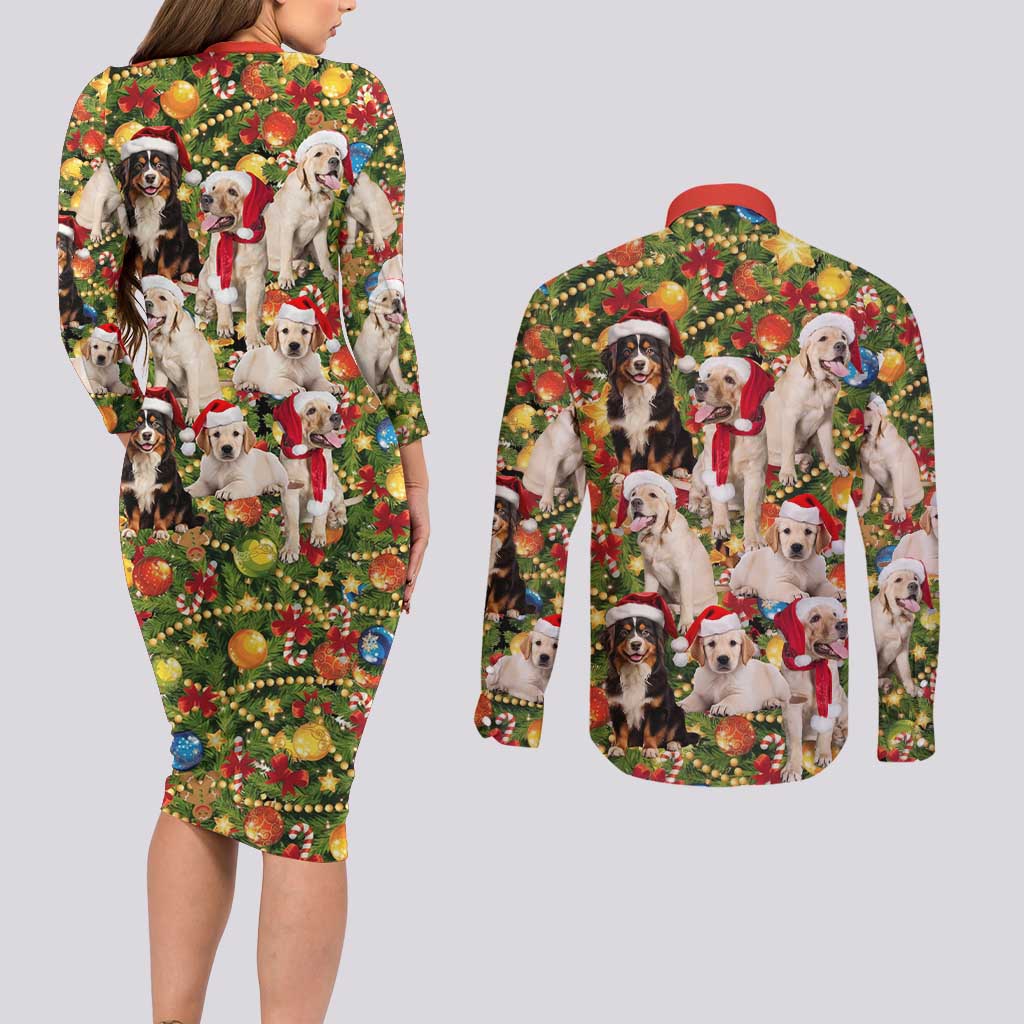 Christmas Dogs Couples Matching Long Sleeve Bodycon Dress and Long Sleeve Button Shirt with Santa Hats and Festive Ornament Pattern - Wonder Print Shop