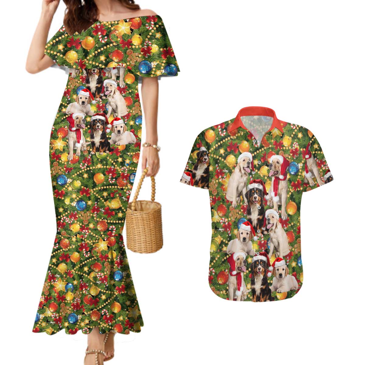 Christmas Dogs Couples Matching Mermaid Dress and Hawaiian Shirt with Santa Hats and Festive Ornament Pattern - Wonder Print Shop