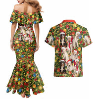 Christmas Dogs Couples Matching Mermaid Dress and Hawaiian Shirt with Santa Hats and Festive Ornament Pattern - Wonder Print Shop